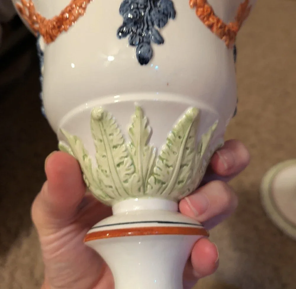 Vintage Italian Mottahhedeh Decorator Urn with Multicolor Relief Accents And Lid